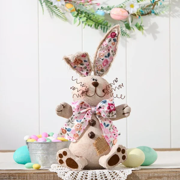 Easter Bunny Plush Poseable Sitting Decor In Pink Or Yellow Floral - Image 4